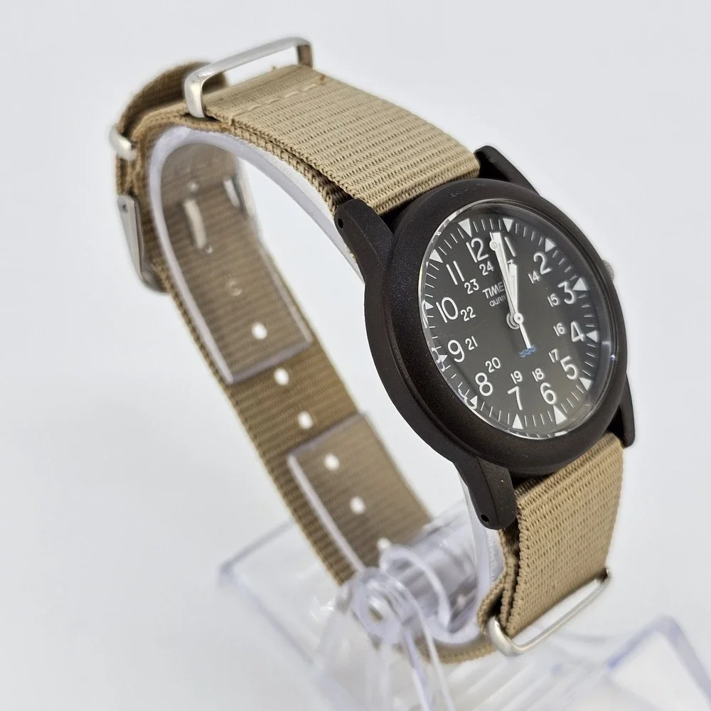 2011 Timex Camper Men Field Watch 34MM Black Dial New Tan Canvas Band NewBattery